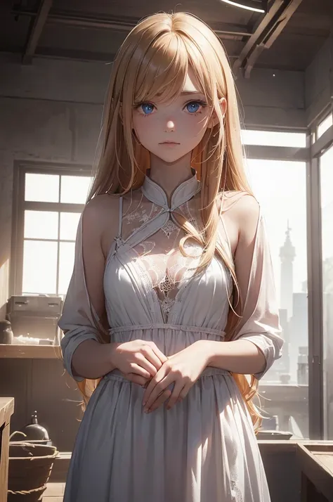 ((1 Female, 1 person, Solitary) Alice,  Humanity, Long curly blond hair, blue eyes, freckle, teenager, 18 years, Rebirth_ongoing) (Main Part, Super detailed, 8K, (HD, Sunlight:0.5, Soft_shadow:0.5, atmosphere_light, 8K, 4K, Surrealism, elegant, ((((Appeara...