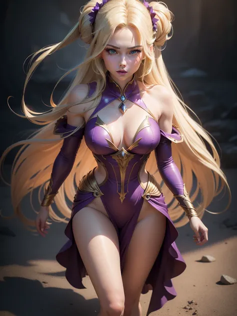 long blond hair woman in purple dress, elegant glamorous cosplay, glamorous cosplay, money, blonde hair princess, money as a super villain, gorgeous cosplay, alexa grace, Epic battle fantasy Natalie, blonde hair with pigtails, anna nikonova、Also known as N...