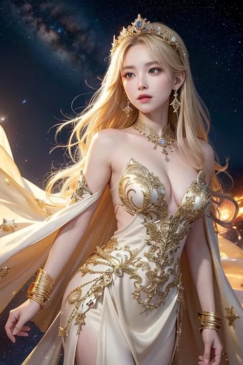 (masterpiece、Highest quality、High resolution、8K、16K)、((Alone in space、Beautiful Goddess、Standing posture、フローティング in the sky like a star))、(whole body)、Golden Cape、White long dress、No sleeve、Diamond decoration、Gold Bracelet、Blonde hair medium long、Beautiful...