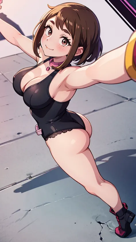 Best quality 1:5, masterpiece, 16k, Detailed, Shadows, Ochaco Uraraka, big breasts,big butt, purple and black lingerie, pose sexy, (number: nearby), taking a full body selfie, from above, 1 girl