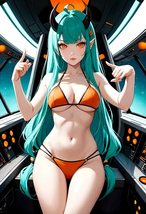 score_9, score_8_up, score_7_up,1 daemon woman, straight demon horns, (black horns),(upward-pointing horns) , vertical horns, black demon tail, (aquamarine hair),aquamarine green color hair,ahoge, long hair, (long hair),bangs, light orange bikini,bikini is...