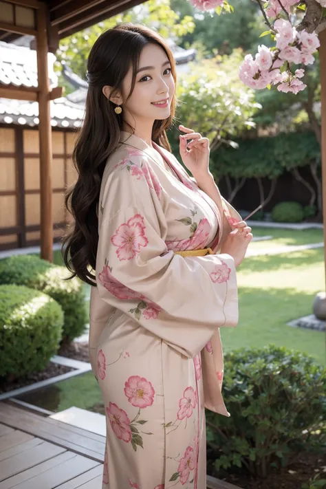 Highest quality,8K, Detailed facial depiction, Detailed description of the eyes,One Woman, Light brown hair(Medium-long hair),Beautiful Japanese Girl,24-years-old,Cute eyes,Cute Smile,Yukata beauty,Golden floral yukata,Slender body, Large, plump breast siz...