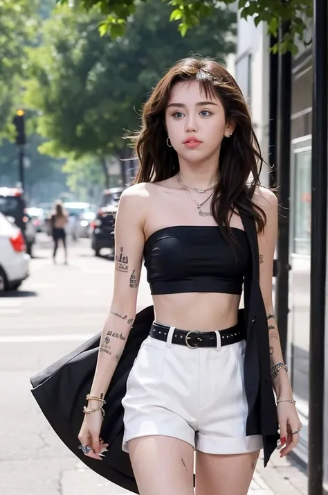 Miley Cyrus is beautiful, long hair, wearing a black strapless top inside, a white shirt outside, black shorts, super seductive pose, walking down the street