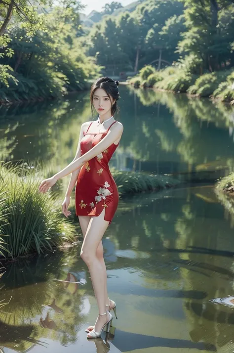 (((best quality))),(((ultra detailed))),(((masterpiece))),illustration,1 beautiful girl,slim,flat chest,short red qipao,bare arms,slender legs,pantyhose,green paddy pool,standing,in water,elegant, high heels, clear sky, sunlight, dreamy, contrast, natural,...