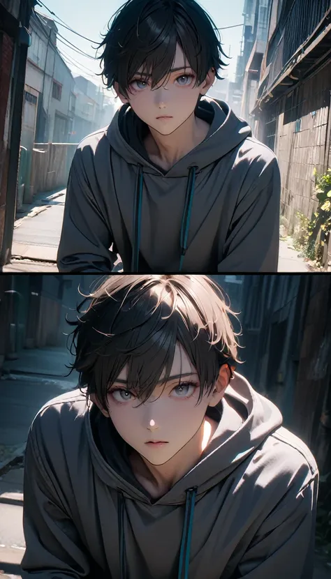 (8K, RAW photos, best quality, masterpiece: 1.4), (((Boy on bike)))，Ultra-high resolution, Extremely detailed, light, closeup of arms, handsome boy, black eyes, (delicate eyes, Eyes are bright:1.2), Gray short hair, Fair skin,dark, Grey sweatshirt, sweatsh...