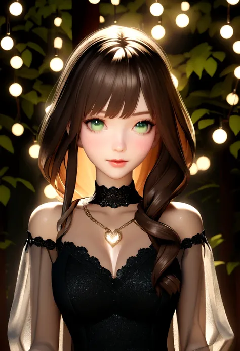 a 3d rendered portrait of a brunette woman with long brown hair and green eyes, dressed in a black dress with sheer sleeves and a heart-shaped necklace. she is standing in front of a forest backdrop, with a string of lights hanging in the background. the l...