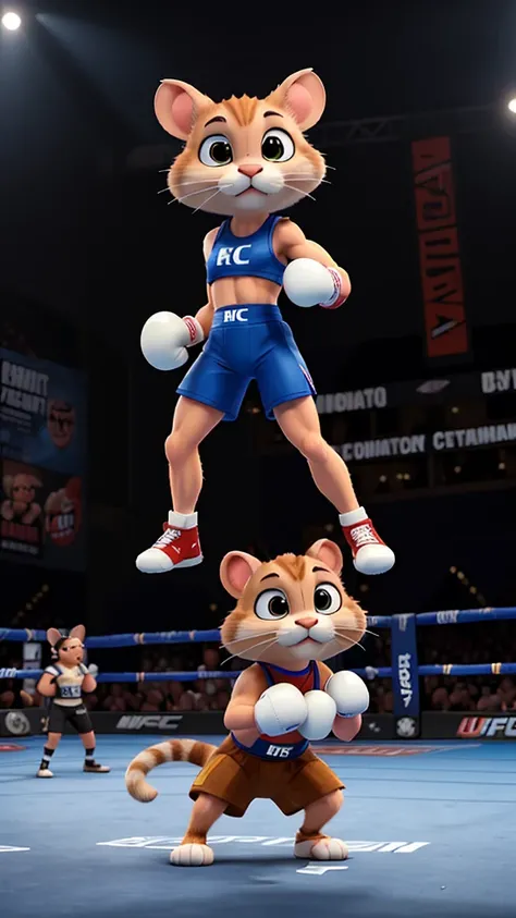 A muscular rat wearing boxing gloves in a flghting stance. Facing off against a white cat wearing a UFC outfit and also in a flghting stance. The rat is determined. the cat is focused .The background is a boxing ring with a crowd of spectators. The art sty...