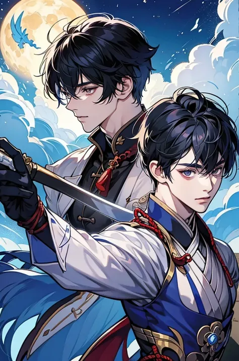 a close-up of a person holding a sword in front of the full moon, keqing do impacto genshin, handsome guy in demon slayer art, zhongli do impacto genshin, black hair wizard, cute japanese demon boy, personagem de impacto genshin, genshin, cute androgynous ...