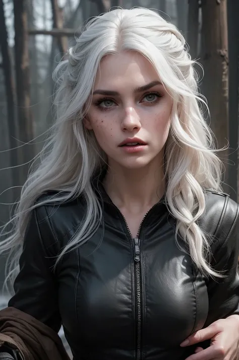 linda com longos cabelosbrancoos e olhos azuis cristalinos parecida com a yennefer do jogo the witcher, She wears a black leather jacket and is in the middle of a fierce battle against enemy soldiers...., your face is stained with blood and freckles, Your ...