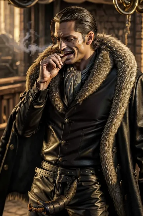 masterpiece, best quality, extremely detailed, hyperrealistic, photorealistic, a cool 40s man, ultra detailed face:1.3, fur-trimmed coat, scarf around the neck, his left hand is a golden pirate hook, smoking, smoke, cigar, laughing, eye closed, detailed un...