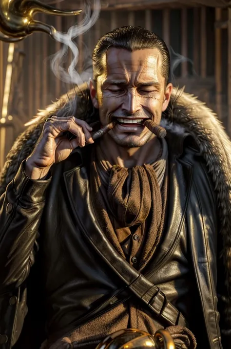 masterpiece, best quality, extremely detailed, hyperrealistic, photorealistic, a cool 40s man, ultra detailed face:1.3, fur-trimmed coat, scarf around the neck, his left hand is a golden pirate hook, smoking, smoke, cigar, laughing, eye closed, detailed un...