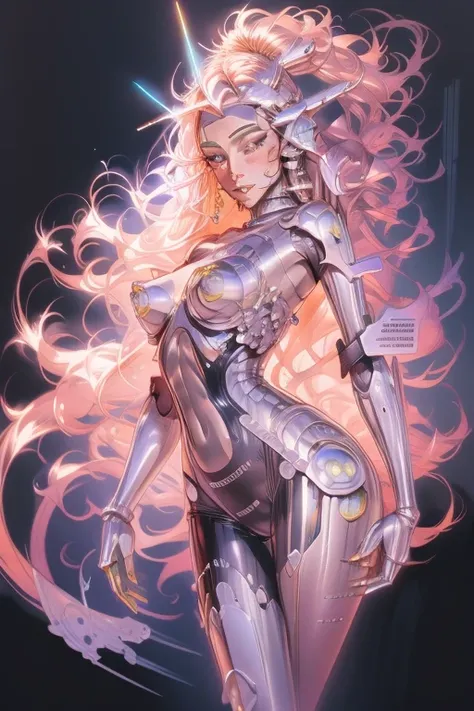 Sorayama style android, robotic girl with long hair (Show Your Teeth), Looking at Camera, Background in Flames, ReFi, Beautiful Picture, Epic Portrait Illustration, Detailed Portrait, Neo-Artcore, High Quality Portrait, Fantasy Concept Art Portrait, Detail...