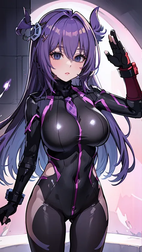 1 Girl,Browsing Caution,Agnes-Tachyon ,(Uma Musume),clavicle, Absurd, brainwashing,Combatant, Hollow Eyes,((Purple glowing eyes 1.5)),  Huge breasts , Expressionless, Emotions are removed,(Black Shadaloo Suit),avert your eyes , whole body shape, ((stand up...