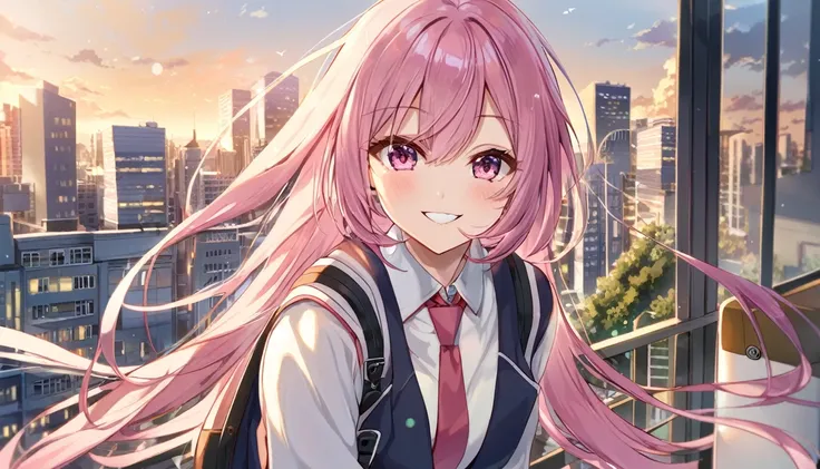 high school girl,Long Pink Hair,City,smile