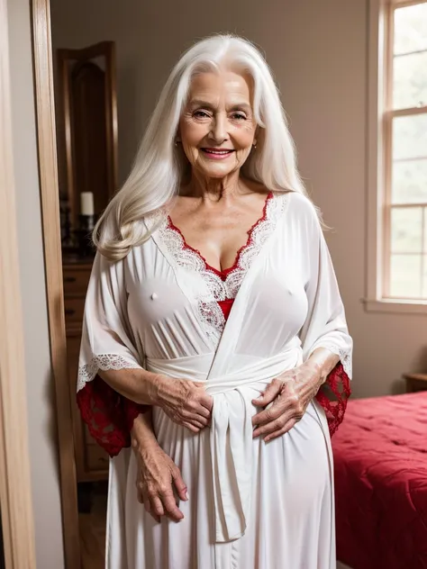 Mature old woman 80 years with black long hair, plus size, old face and body with many wrinkles, red lips, smiling, loose skin, standing at bedroom posing for photo, She wearing white robe with red pattern with large neckline and lace black stockings side ...