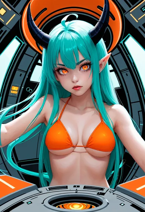 score_9, score_8_up, score_7_up,1 daemon woman, straight demon horns, (black horns),(upward-pointing horns) , vertical horns, black demon tail, (aquamarine hair),aquamarine green color hair,ahoge, long hair, (long hair),bangs, light orange bikini,bikini is...