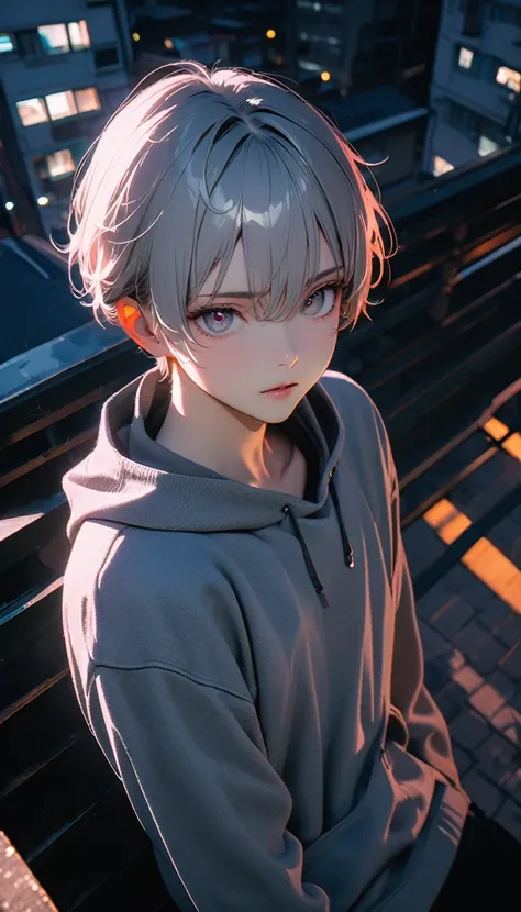 (8K, RAW photos, best quality, masterpiece: 1.4), (((Boy on bike)))，Ultra-high resolution, Extremely detailed, light, closeup of arms, handsome boy, black eyes, (delicate eyes, Eyes are bright:1.2), Gray short hair, Fair skin,dark, Grey sweatshirt, sweatsh...