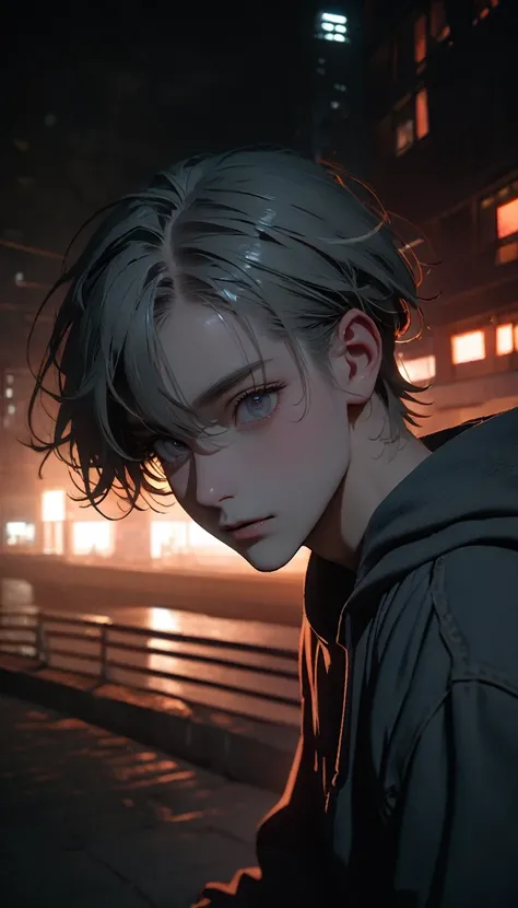 (8K, RAW photos, best quality, masterpiece: 1.4), (((Boy on bike)))，Ultra-high resolution, Extremely detailed, light, closeup of arms, handsome boy, black eyes, (delicate eyes, Eyes are bright:1.2), Gray short hair, Fair skin,dark, Grey sweatshirt, sweatsh...