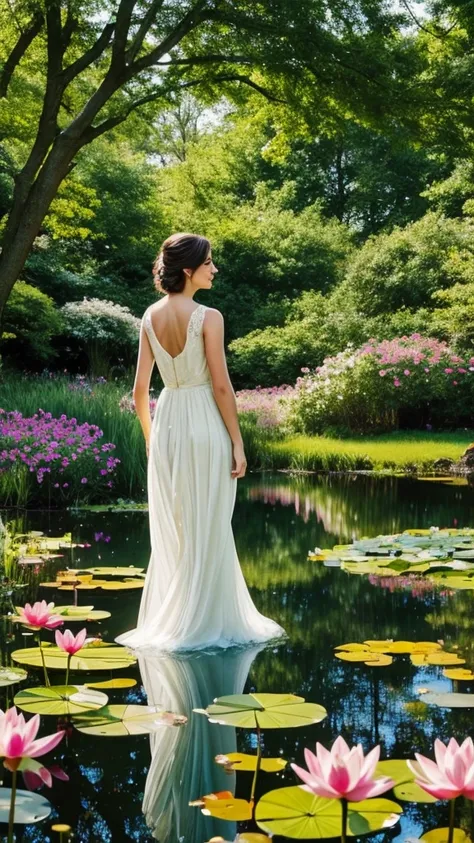 **Prompt for a Realistic Image: Beautiful American Lady in a Pond with Flowers**

Create an ultra-realistic, high-resolution image of a very beautiful American lady standing gracefully in a serene pond. The scene is artistically illustrated to highlight bo...