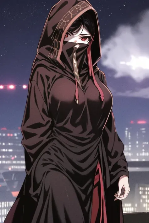 NNAssassinFSF, 1girl, solo, large breasts, black hair, red eyes, long sleeves, dress, hood, black dress, black cloak, hood up, black robe, covered mouth, hooded cloak, ((masterpiece,best quality)) cowboy shot, city, park, night