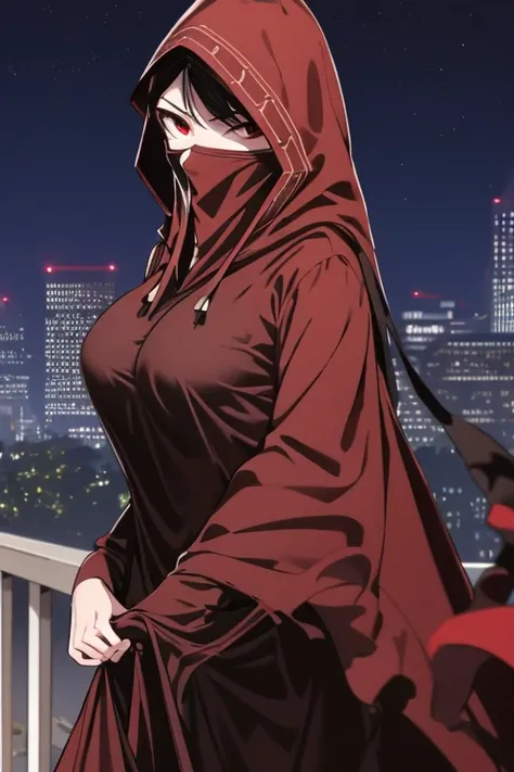 NNAssassinFSF, 1girl, solo, large breasts, black hair, red eyes, long sleeves, dress, hood, black dress, black cloak, hood up, black robe, covered mouth, hooded cloak, ((masterpiece,best quality)) cowboy shot, city, park, night