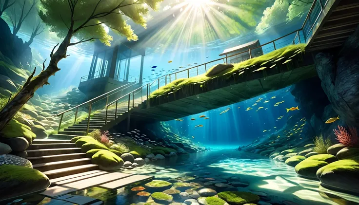 a staircase underwater in a mountain stream, detailed water surface, photorealistic, crisp details, sunlight filtering through water, moss-covered rocks, schools of fish swimming around, dramatic lighting, ethereal atmosphere, vibrant colors, serene, calmi...