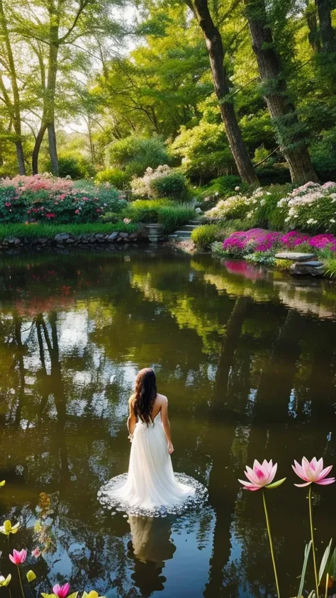 **Prompt for a Realistic Image: Beautiful American Lady in a Pond with Flowers**

Create an ultra-realistic, high-resolution image of a very beautiful American lady standing gracefully in a serene pond. The scene is artistically illustrated to highlight bo...