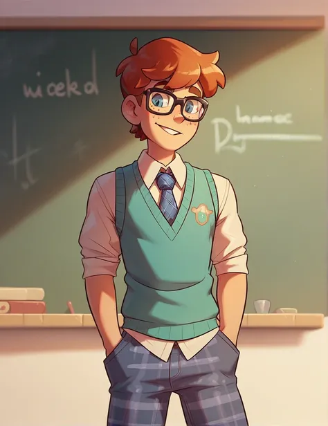 (cartoon), 1man, ((solo)), a cute brown-haired man, black glasses, in front of a chalkboard, no facial hair, skinny body type, friendly, freckles, teacher, sweater vest, tie, plaid pants