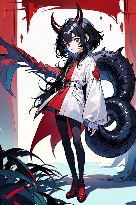 full body image of SMALL BOY with black horns black hair, eye white, long hair in the back and short in the front, um pequeno rabo de reptil e eye white e roupas vermelhas