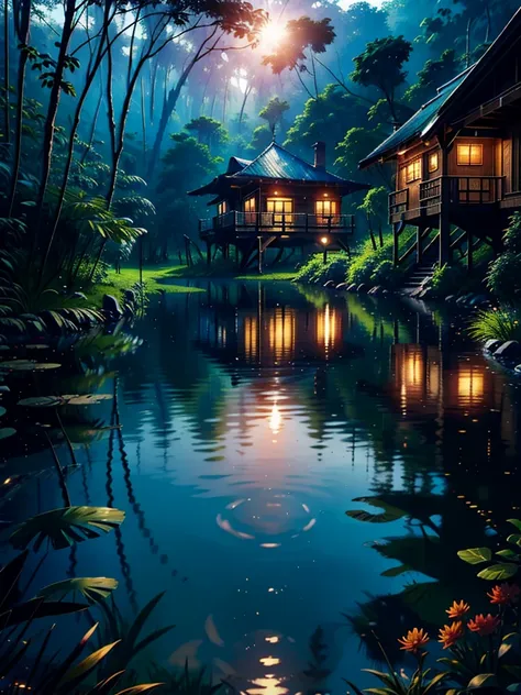 (A rustic wooden house:1.3) in a rainforest and a small lake in front of the house with a small wooden bridge between the house and the other side. Uma nevoa densa da manha espalha pela cena. The sun is rising behind the forest, fazendo que os raios atrave...