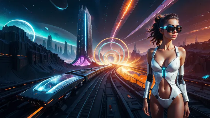 Brightly colored abstract aerial view image of a (((((futuristic railway station))))) with a spiral, a (((futuristic all-glass train))) passing by, epic beautiful space sci-fi, chaotic cinematic space rift, Greg Beeple, planets colliding, Beeple and Tim Hi...