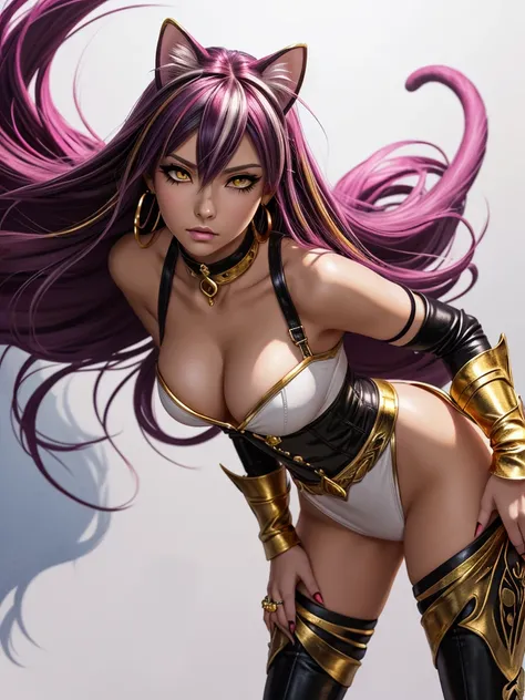 There is lost coliseum there stand female lionessin battle stance, she have ebony colour skin beautiful yellow cat eyes dark gold eyeshadows make up, ring style earrings, her hair is purple with pink highlights . she dressed in white neather topic with gol...