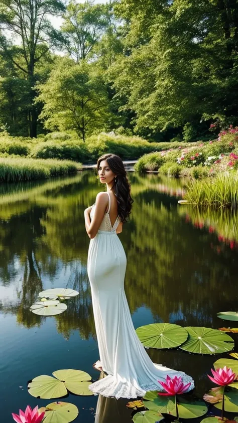 **Prompt for a Realistic Image: Beautiful American Lady in a Pond with Flowers**

Create an ultra-realistic, high-resolution image of a very beautiful American lady standing gracefully in a serene pond. The scene is artistically illustrated to highlight bo...