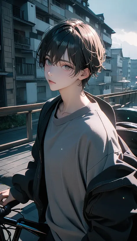 (8K, RAW photos, best quality, masterpiece: 1.4), (((Boy on bike)))，Ultra-high resolution, Extremely detailed, light, closeup of arms, handsome boy, black eyes, (delicate eyes, Eyes are bright:1.2), Gray short hair, Fair skin,dark, Grey sweatshirt, sweatsh...