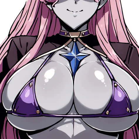 (Triplets)(chest covered)(smile)Gray skin, They prefer clothing of white and silver with cloaks of deep blue or purple, plain background, huge_knockers, ((very precise detailed)), ((highres) Euphemia Li Brittannia triplets slave bikini slavekini