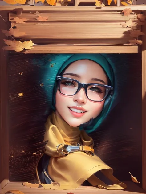 cartoon hijab woman in a wooden box with a A writing board covered with leaves on top, cartoon portrait, inspired by JoWOnder, caricature illustration, close up potrait, inspired by Basuki Abdullah, portrait shot, proffesional illustration, inspired by Sha...