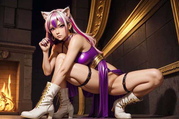 There is lost coliseum there stand female lionessin battle stance, she have ebony colour skin beautiful yellow cat eyes dark gold eyeshadows make up, ring style earrings, her hair is purple with pink highlights . she dressed in white neather topic with gol...