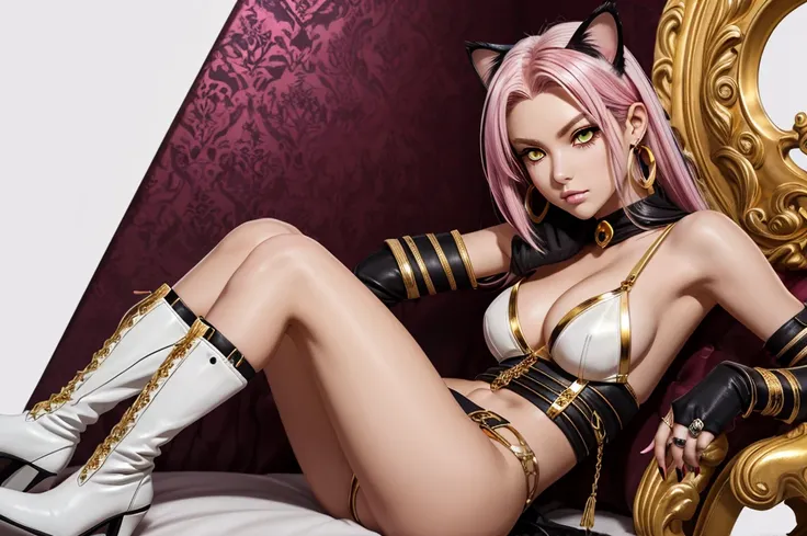 There is lost coliseum there stand female lionessin battle stance, she have ebony colour skin beautiful yellow cat eyes dark gold eyeshadows make up, ring style earrings, her hair is purple with pink highlights . she dressed in white neather topic with gol...