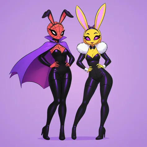 Spider-Queen  dressed in a bunny costume with bunny ears full body black jumpsuit with yellow and a purple cape