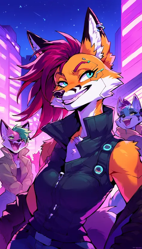 score_9, score_8_up, score_7_up, cyberpunk city, downtown ally, midnight, crowd on background, starry night, happy, joyful, ,

((fox:1.2), anthro, female, colorfull fur, short punk haircut, beautiful, wearing a cyberpunk-style augmentations, joyful, grin)