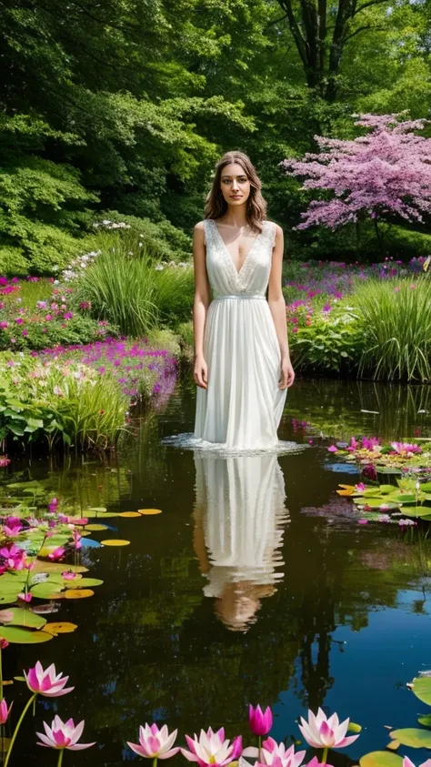 **Prompt for a Realistic Image: Beautiful American Lady in a Pond with Flowers**

Create an ultra-realistic, high-resolution image of a very beautiful American lady standing gracefully in a serene pond. The scene is artistically illustrated to highlight bo...