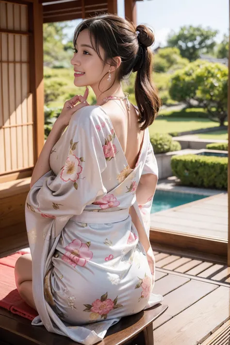 Highest quality,8K, Detailed facial depiction, Detailed description of the eyes,One Woman, Light brown hair(Medium-long hair),Hair tied up,Beautiful Japanese Girl,24-years-old,Cute eyes,Cute Smile,Yukata beauty,Golden floral yukata,Lace underwear,String pa...