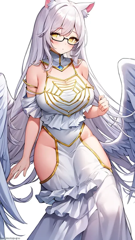 A 20-year-old female angel with long, white hair, yellow eyes, white cat ears, and large white angel wings. yellow halo ring round white glasses long white evening dress