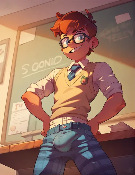 score_7, score_8, toon, (cartoon), 1man, ((solo)), a nerdy brown-haired man, styled hair, bulge in pants, black glasses, in front of a chalkboard, skinny body type, teacher, sweater vest, tie, plaid pants