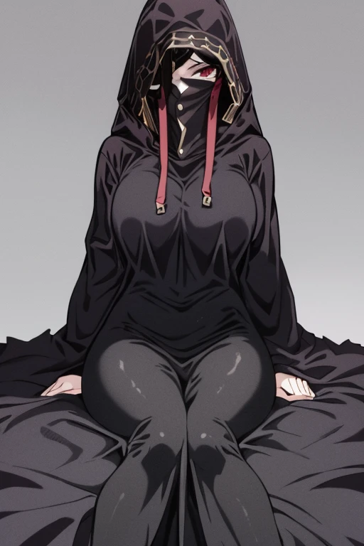 NNAssassinFSF, 1girl, solo, large breasts, black hair, red eyes, long sleeves, dress, hood, long skirt, black dress, cape, black cloak, hood up, black robe, covered mouth, hooded cloak, ((masterpiece,best quality)) sitting bed, 