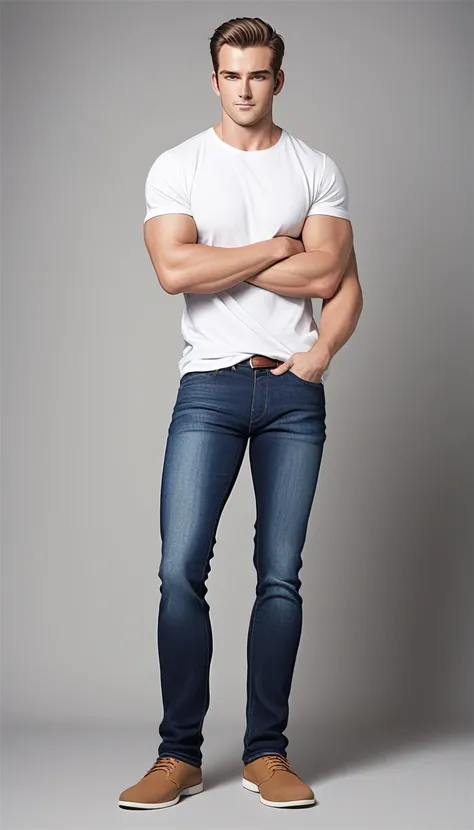 a man in a white t - shirt and jeans stands in front of a gray background, wearing a shirt and a jean, casual clothing, jeans and t shirt, wearing pants and a t-shirt, modern casual clothing, full body photo of steve, dressed in a white t shirt, mid-shot o...