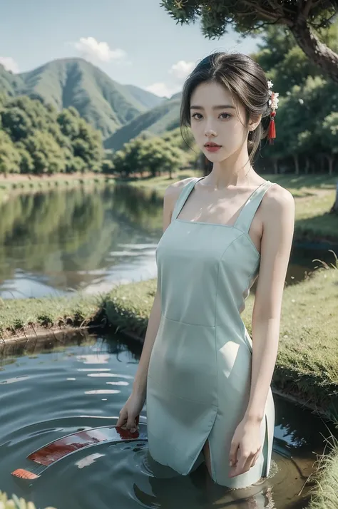 (((best quality))),(((ultra detailed))),(((masterpiece))),illustration,1 beautiful girl,slim,flat chest,short red qipao,bare arms,standing in paddy pool,upper body,elegant, clear sky, sunlight, dreamy, contrast, natural,Chinese rural landscape,The body bel...