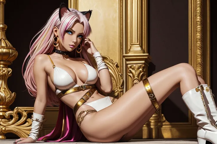 There is lost coliseum there female lionessin seductive pose, she have ebony colour skin beautiful yellow cat eyes dark gold eyeshadows make up, ring style earrings, her hair is purple with pink highlights . she dressed in white neather topic with golden p...