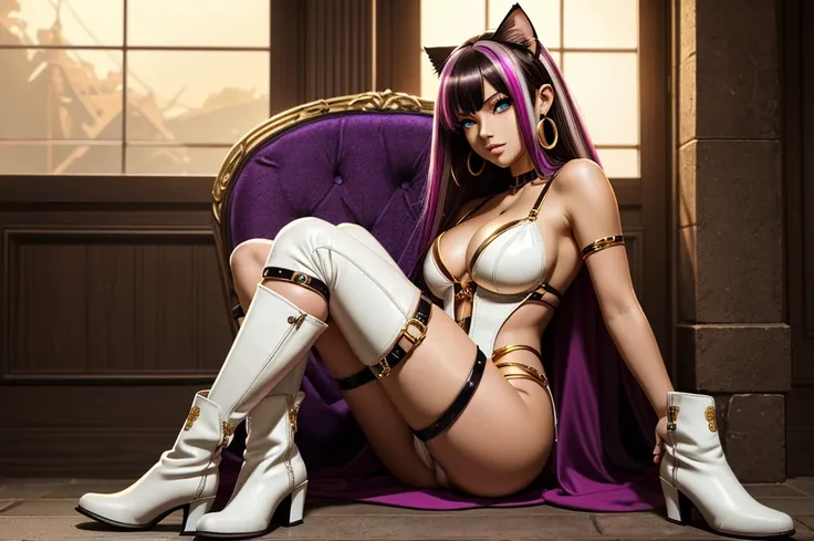 There is lost coliseum there female lionessin seductive pose, she have ebony colour skin beautiful yellow cat eyes dark gold eyeshadows make up, ring style earrings, her hair is purple with pink highlights . she dressed in white neather topic with golden p...