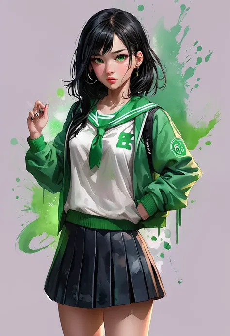 Green Screen,Plain background,High School Uniform:2,Fantasy digital watercolor painting,One girl,sneakers,XG,Standing pose,whole body,Black Hair,eyelash,eye shadow,Nose Piercing,Lip Piercing,anime,high school student,Asian Girl,Staring at the audience,In-p...